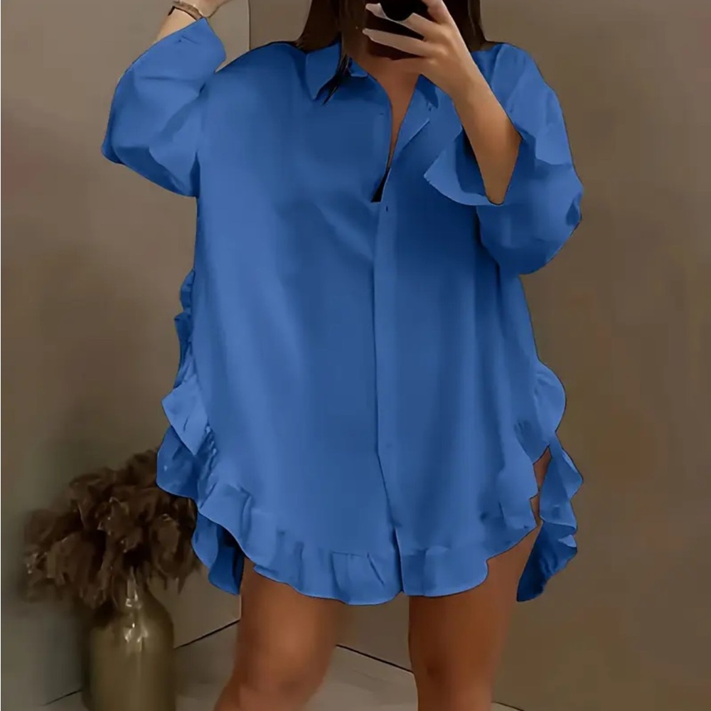 Blue Ruffled Long Sleeve Dress